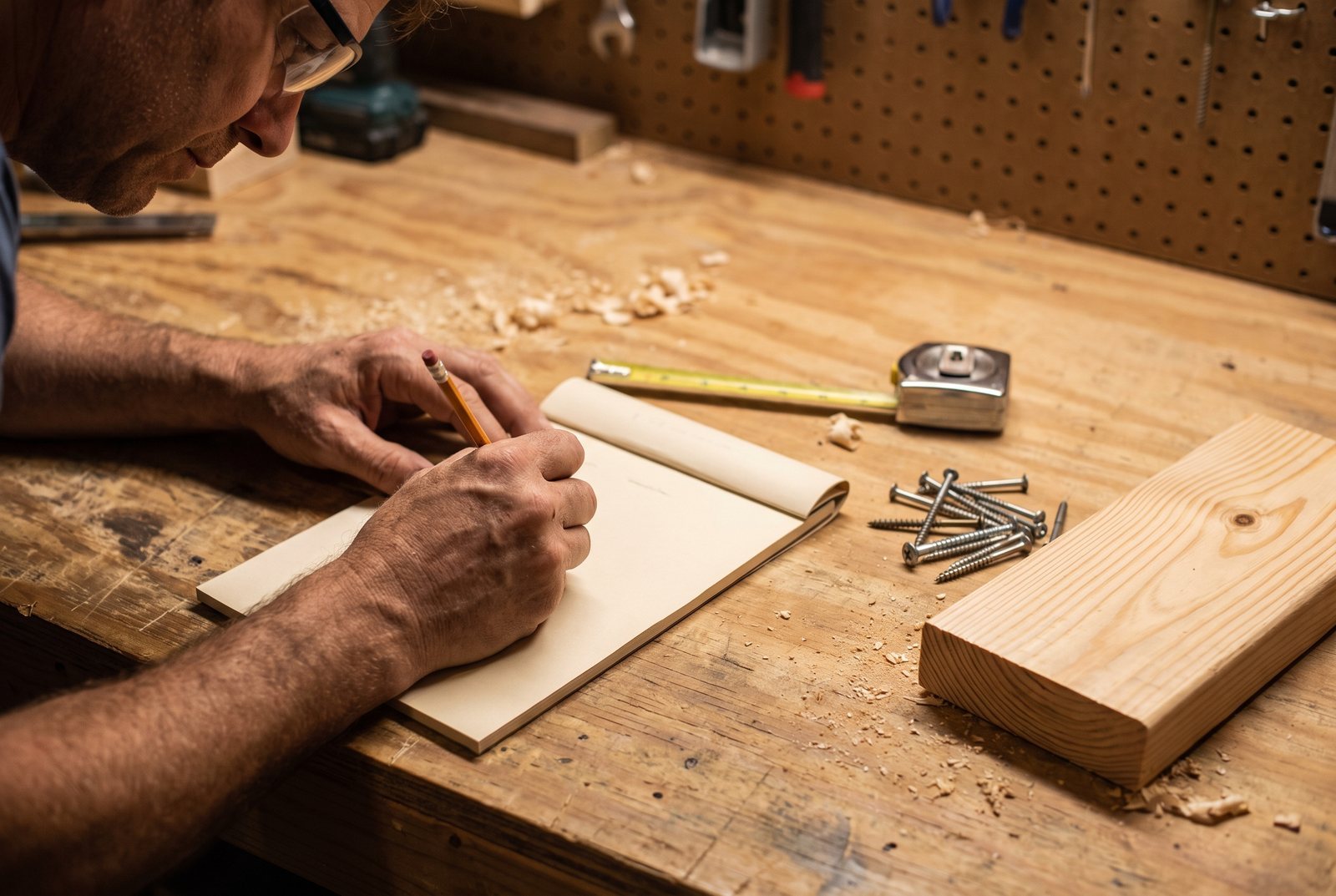 Hands writing a materials checklist on a notepad next to lumber and screws on a workbench