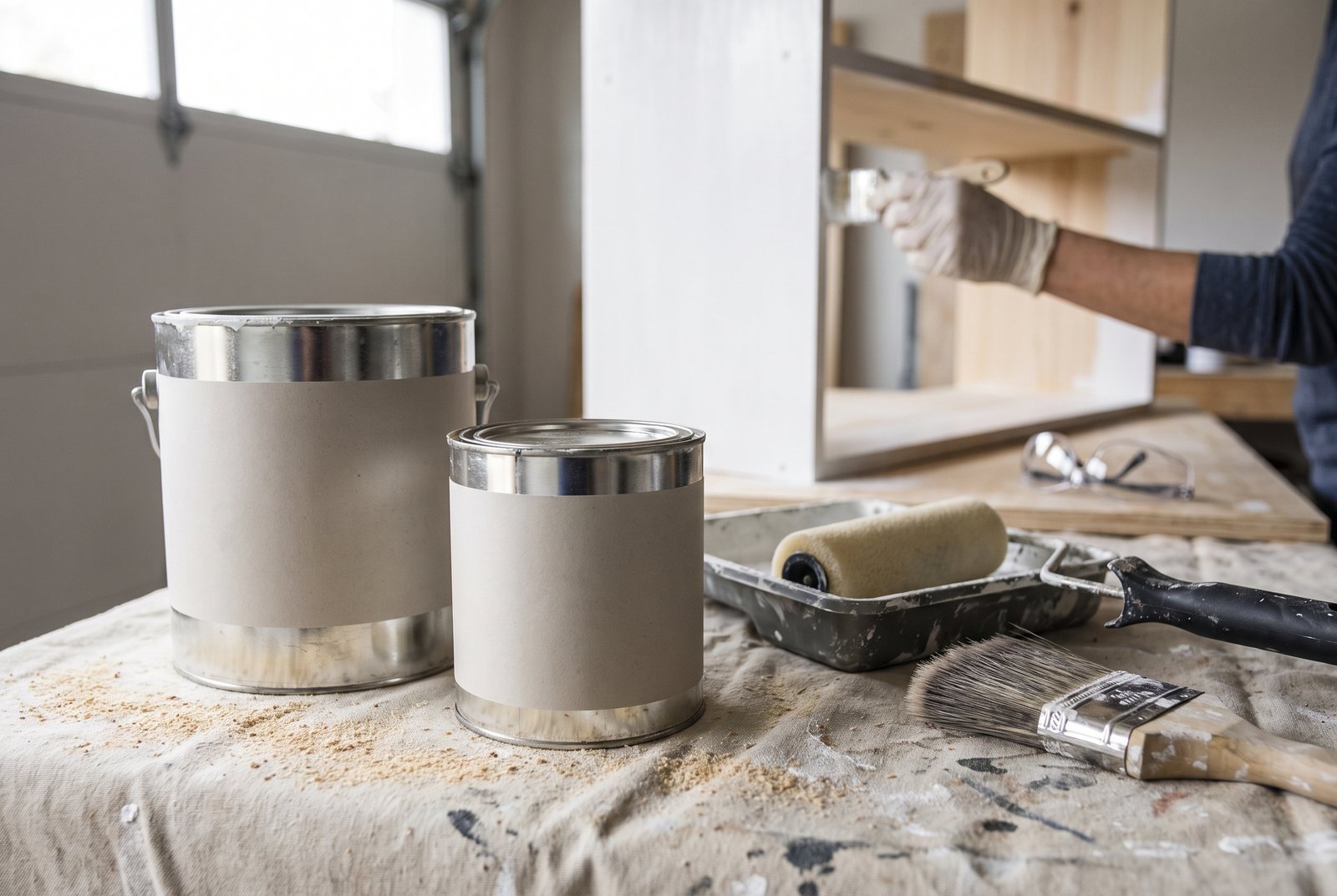Paint and stain cans with a brush and roller on a drop cloth near a wooden panel