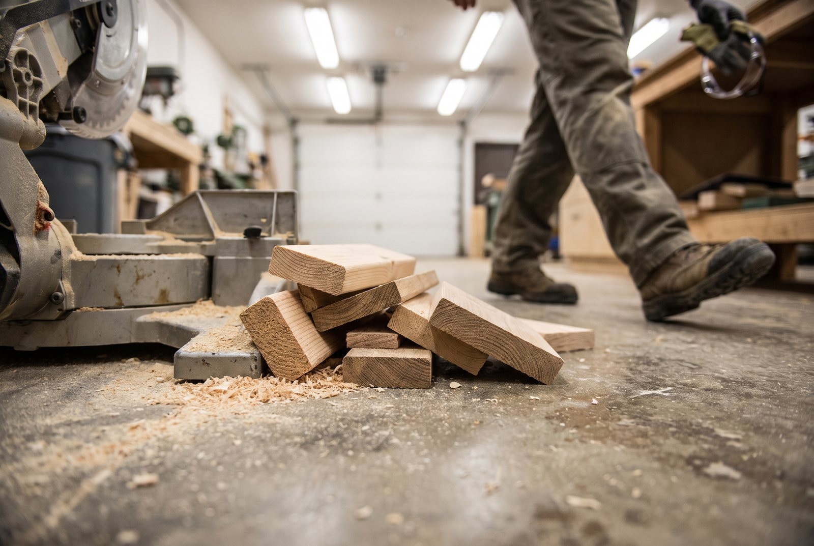 Lumber offcuts and sawdust on a workshop floor beside a miter saw