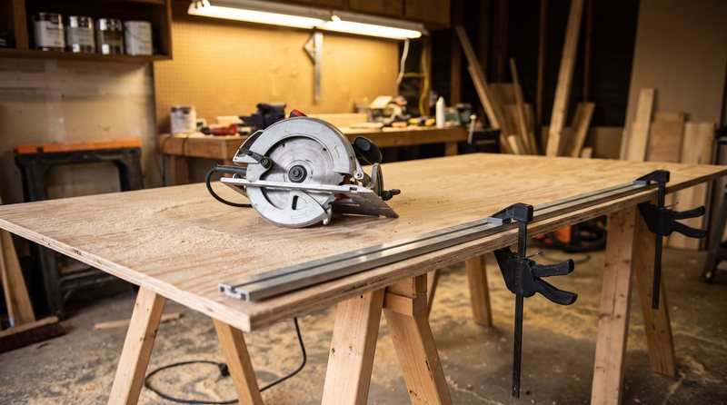 Circular saw and straightedge guide clamped to a sheet of plywood on sawhorses in a garage workshop