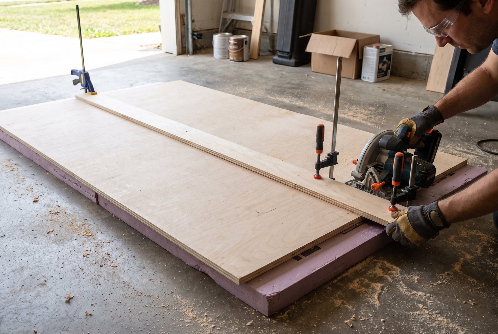 Hands clamping a plywood straightedge guide onto a sheet of plywood on foam insulation on a garage floor