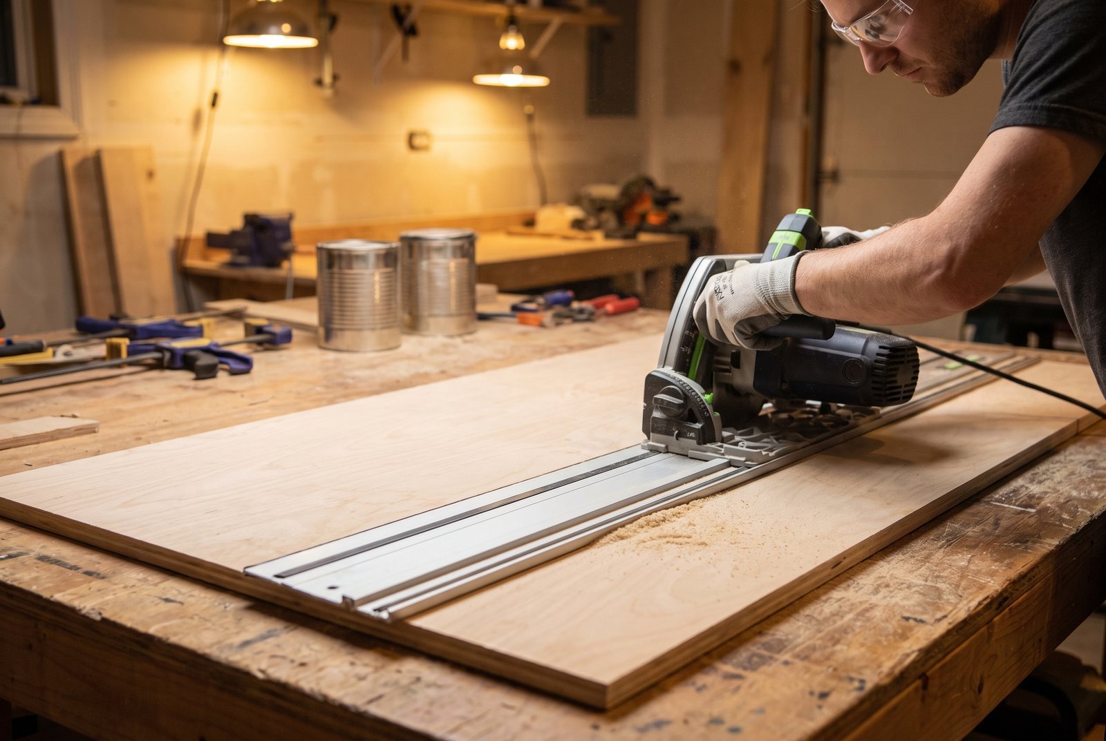 Track saw on aluminum guide track cutting through a sheet of birch plywood on a workbench