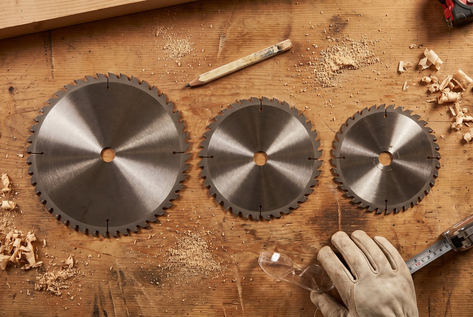 Three saw blades of different sizes laid out on a workbench next to a pencil and sawdust