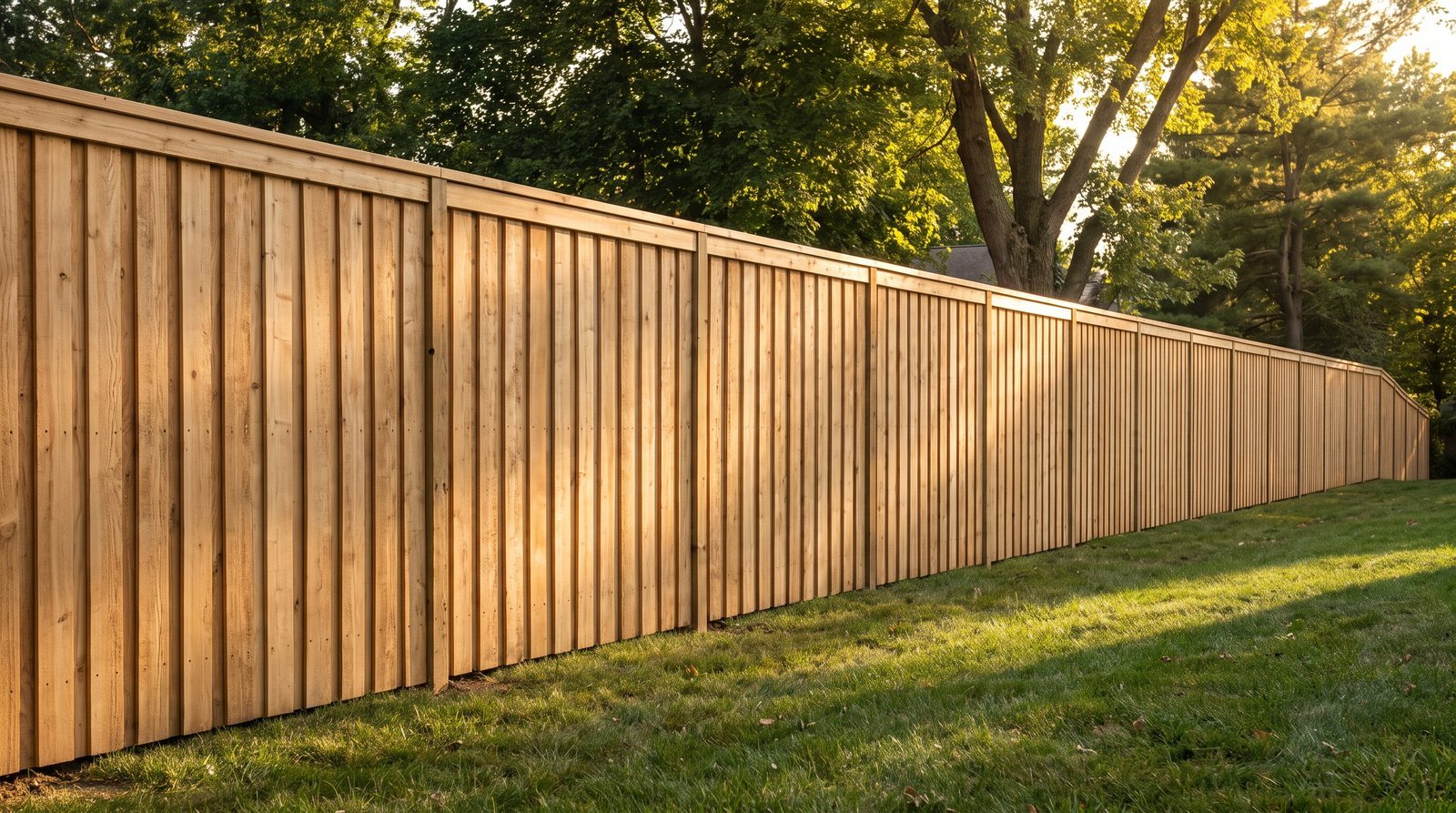Wooden privacy fence with a straight top line running down a sloping suburban backyard in afternoon light