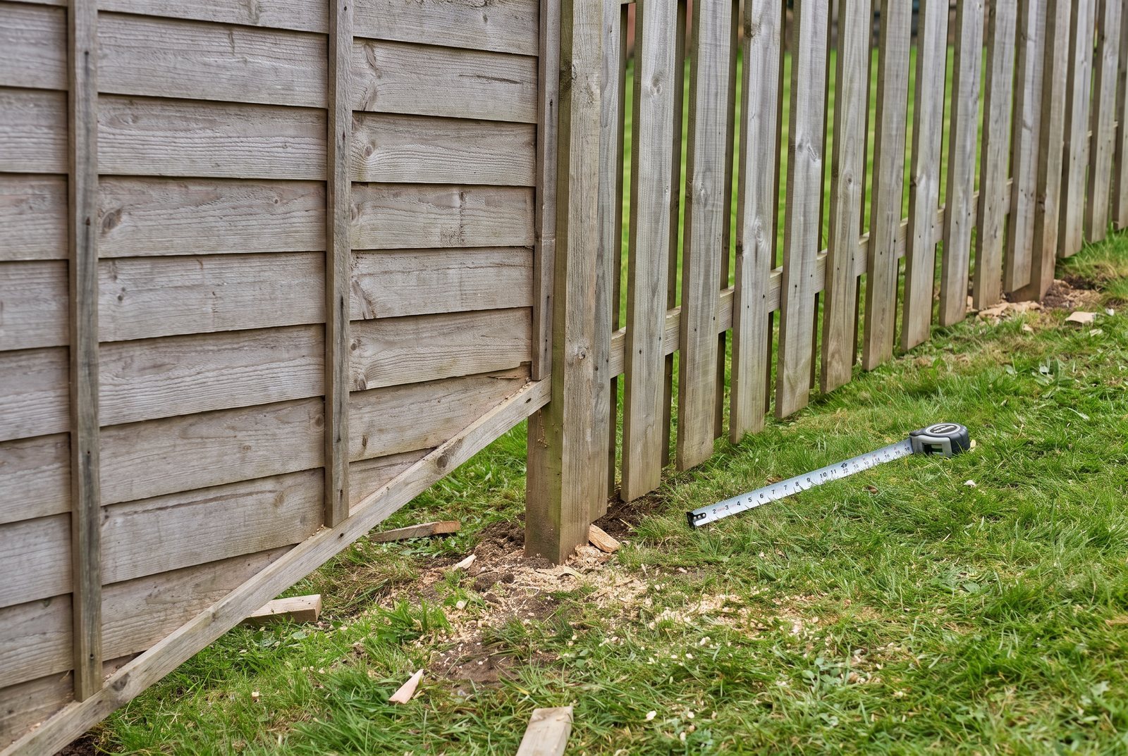 Two fence sections on a slope showing stepped and racked installation methods with grass underneath