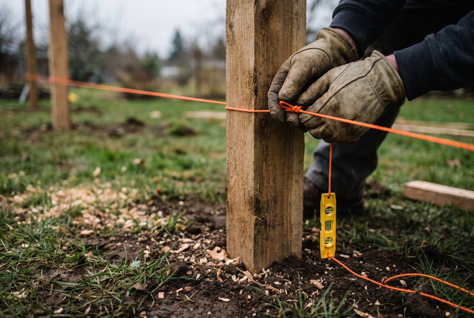 Hands tying bright mason's line to a fence post top with a line level hanging on the taut string