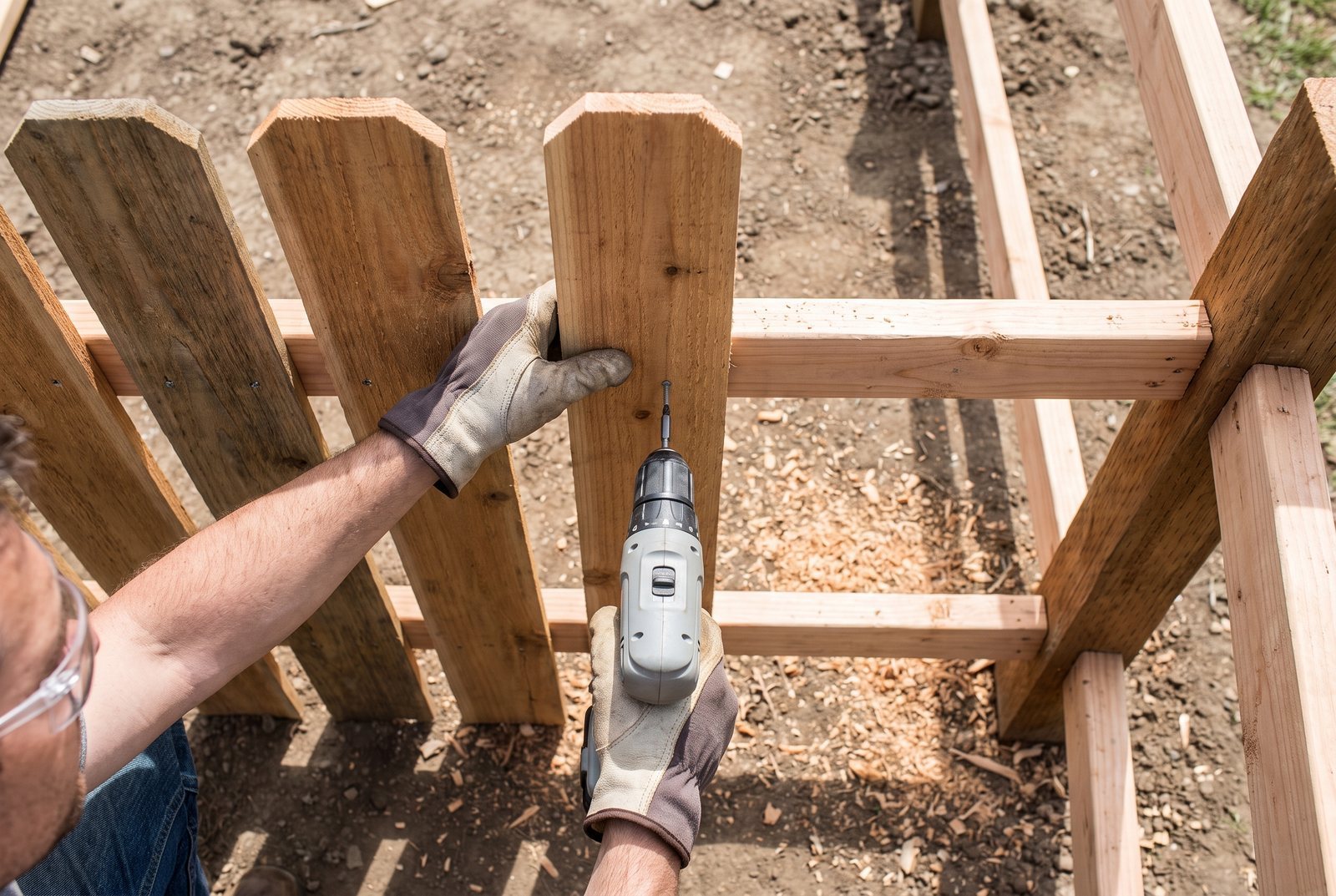 Person driving a screw into a fence picket with a cordless drill on a partially built wooden fence